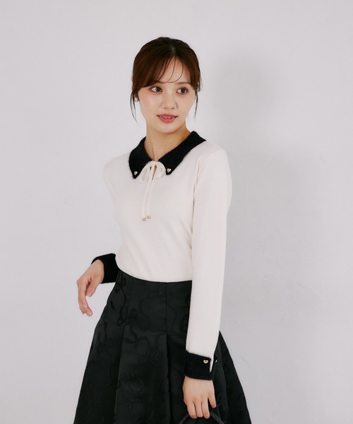 tocco closet(トッコ クローゼット)の「リボン付きフェザー配色ハート釦ニットプルオーバー(ニット/セーター・レディース・アイボリー/ブラウン系その他/ブラック・M)」の7枚目の写真