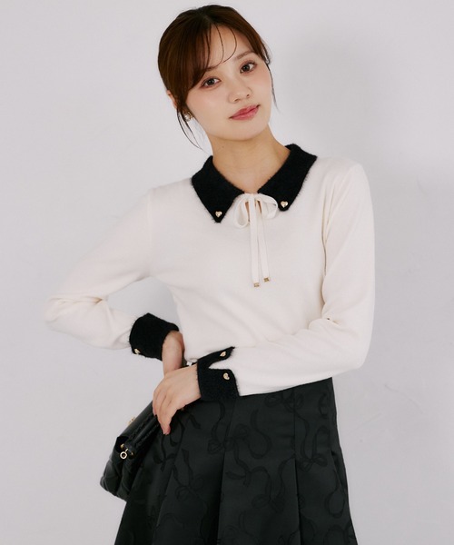 tocco closet(トッコ クローゼット)の「リボン付きフェザー配色ハート釦ニットプルオーバー(ニット/セーター・レディース・アイボリー/ブラウン系その他/ブラック・M)」の8枚目の写真