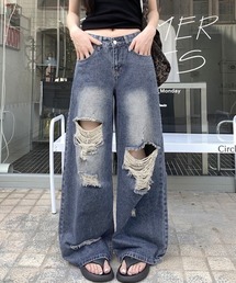 ダメージ デニムワイドパンツ レディース