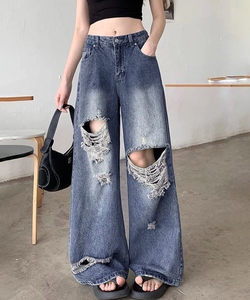Miniministore（ミニミニストア）の「ダメージ デニムワイドパンツ レディース（デニムパンツ・レディース・インディゴブルー・XL/L/M/S）」の2枚目の写真