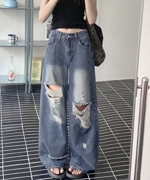 Miniministore（ミニミニストア）の「ダメージ デニムワイドパンツ レディース（デニムパンツ・レディース・インディゴブルー・XL/L/M/S）」の3枚目の写真