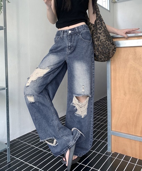 Miniministore（ミニミニストア）の「ダメージ デニムワイドパンツ レディース（デニムパンツ・レディース・インディゴブルー・XL/L/M/S）」の4枚目の写真