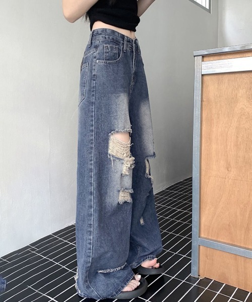 Miniministore（ミニミニストア）の「ダメージ デニムワイドパンツ レディース（デニムパンツ・レディース・インディゴブルー・XL/L/M/S）」の5枚目の写真