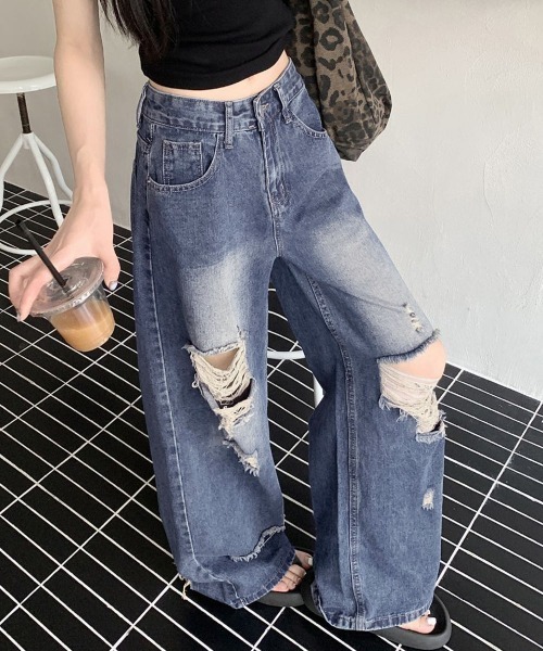Miniministore（ミニミニストア）の「ダメージ デニムワイドパンツ レディース（デニムパンツ・レディース・インディゴブルー・XL/L/M/S）」の6枚目の写真