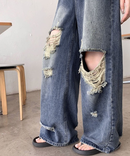 Miniministore（ミニミニストア）の「ダメージ デニムワイドパンツ レディース（デニムパンツ・レディース・インディゴブルー・XL/L/M/S）」の11枚目の写真
