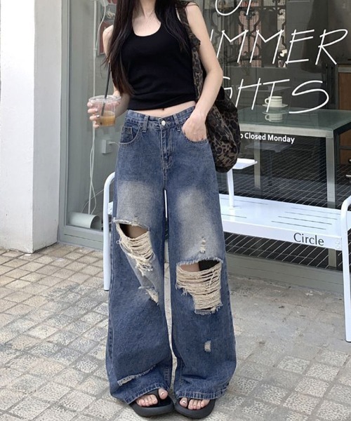 Miniministore（ミニミニストア）の「ダメージ デニムワイドパンツ レディース（デニムパンツ・レディース・インディゴブルー・XL/L/M/S）」の12枚目の写真