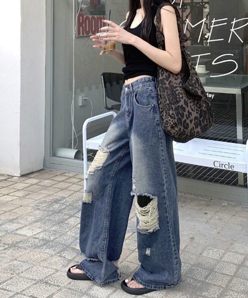Miniministore（ミニミニストア）の「ダメージ デニムワイドパンツ レディース（デニムパンツ・レディース・インディゴブルー・XL/L/M/S）」の13枚目の写真