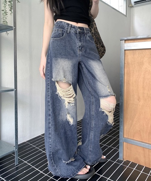 Miniministore（ミニミニストア）の「ダメージ デニムワイドパンツ レディース（デニムパンツ・レディース・インディゴブルー・XL/L/M/S）」の14枚目の写真