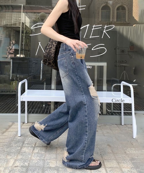 Miniministore（ミニミニストア）の「ダメージ デニムワイドパンツ レディース（デニムパンツ・レディース・インディゴブルー・XL/L/M/S）」の15枚目の写真