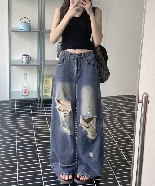 Miniministore（ミニミニストア）の「ダメージ デニムワイドパンツ レディース（デニムパンツ・レディース・インディゴブルー・XL/L/M/S）」の16枚目の写真