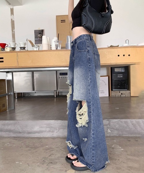 Miniministore（ミニミニストア）の「ダメージ デニムワイドパンツ レディース（デニムパンツ・レディース・インディゴブルー・XL/L/M/S）」の17枚目の写真
