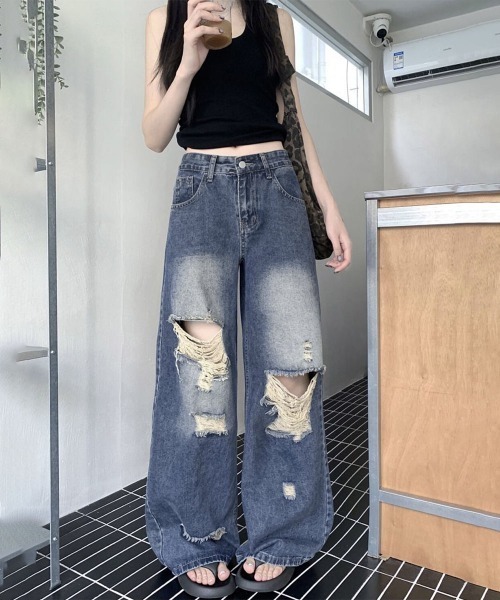 Miniministore（ミニミニストア）の「ダメージ デニムワイドパンツ レディース（デニムパンツ・レディース・インディゴブルー・XL/L/M/S）」の18枚目の写真