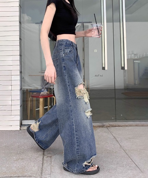 Miniministore（ミニミニストア）の「ダメージ デニムワイドパンツ レディース（デニムパンツ・レディース・インディゴブルー・XL/L/M/S）」の19枚目の写真
