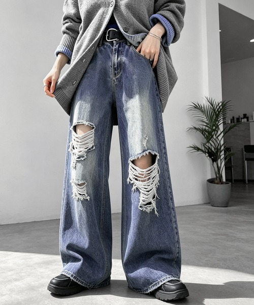 Miniministore（ミニミニストア）の「ダメージ デニムワイドパンツ レディース（デニムパンツ・レディース・インディゴブルー・XL/L/M/S）」の20枚目の写真