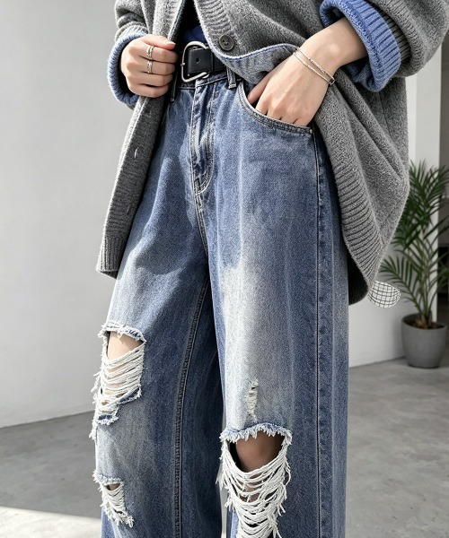 Miniministore（ミニミニストア）の「ダメージ デニムワイドパンツ レディース（デニムパンツ・レディース・インディゴブルー・XL/L/M/S）」の22枚目の写真
