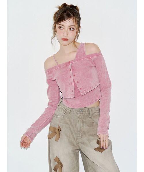 EVRIS(エヴリス)の「フェイクレイヤードピグメントトップス(Tシャツ/カットソー・レディース・ホワイト/ブラック/ピンク・FREE)」の11枚目の写真