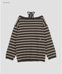 (T-7303)OFF-SHOULDER STRING LOOSE FIT STRIPED KNIT