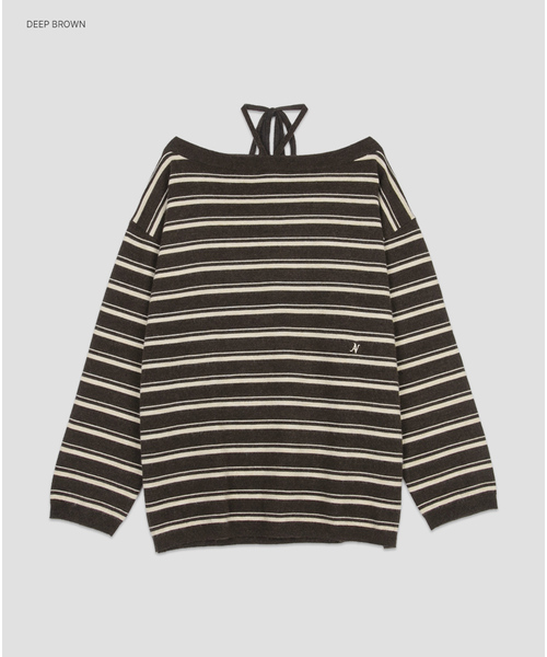 ATELIER NAIN（アトリエナイン）の「(T-7303)OFF-SHOULDER STRING LOOSE FIT STRIPED KNIT（ニット/セーター・レディース・ダークブラウン/ダークグレー・FREE）」の2枚目の写真