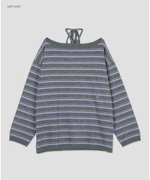 (T-7303)OFF-SHOULDER STRING LOOSE FIT STRIPED KNIT