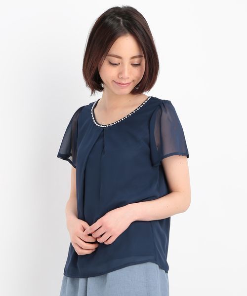 ROPE' PICNIC（ロペピクニック）の「パール付きフレアシフォンコンビ（シャツ/ブラウス・レディース・サンドベージュ/ベージュ/ネイビー/ブラック・38）」の4枚目の写真