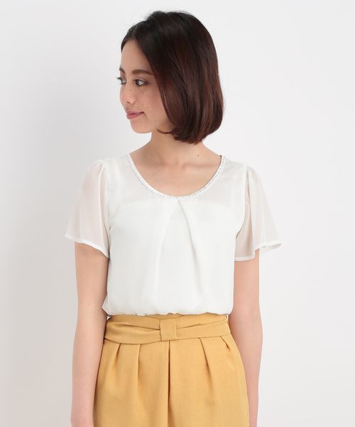 ROPE' PICNIC（ロペピクニック）の「パール付きフレアシフォンコンビ（シャツ/ブラウス・レディース・サンドベージュ/ベージュ/ネイビー/ブラック・38）」の3枚目の写真