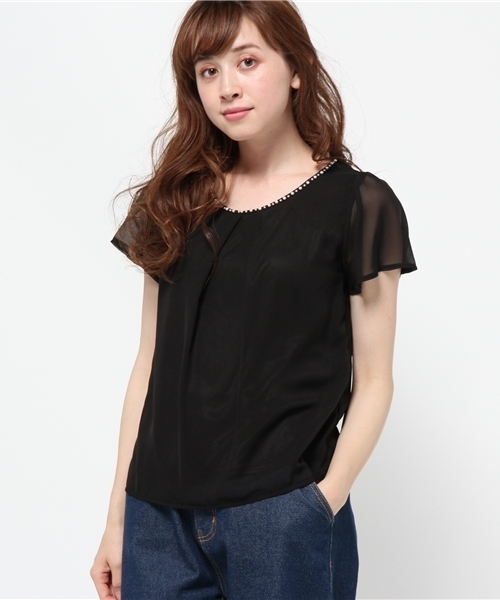 ROPE' PICNIC（ロペピクニック）の「パール付きフレアシフォンコンビ（シャツ/ブラウス・レディース・サンドベージュ/ベージュ/ネイビー/ブラック・38）」の13枚目の写真