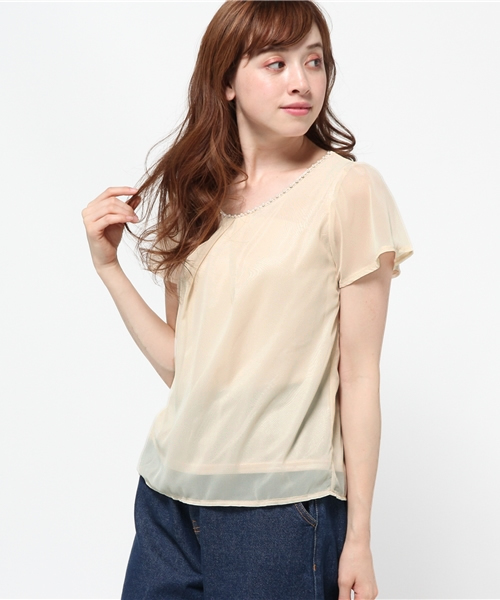 ROPE' PICNIC（ロペピクニック）の「パール付きフレアシフォンコンビ（シャツ/ブラウス・レディース・サンドベージュ/ベージュ/ネイビー/ブラック・38）」の14枚目の写真