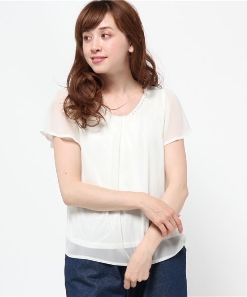 ROPE' PICNIC（ロペピクニック）の「パール付きフレアシフォンコンビ（シャツ/ブラウス・レディース・サンドベージュ/ベージュ/ネイビー/ブラック・38）」の15枚目の写真