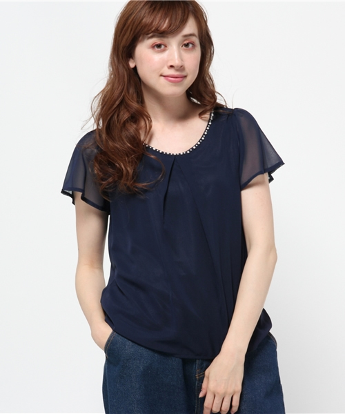 ROPE' PICNIC（ロペピクニック）の「パール付きフレアシフォンコンビ（シャツ/ブラウス・レディース・サンドベージュ/ベージュ/ネイビー/ブラック・38）」の16枚目の写真