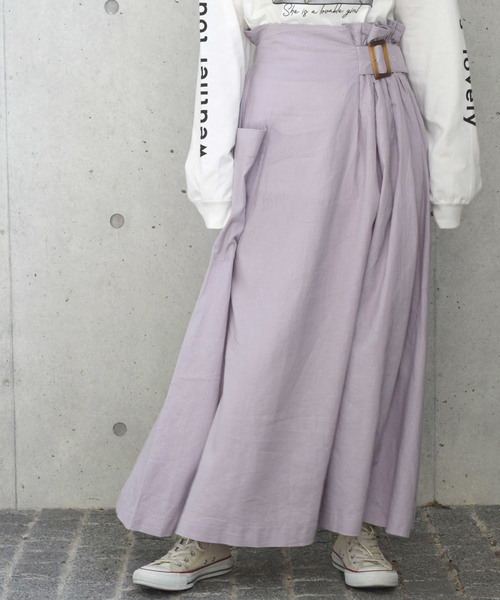 w closet（ダブルクローゼット）の「麻レーヨンベルトギャザースカート（スカート・レディース・カーキ/パープル系その他/ダークベージュ・FREE）」の3枚目の写真