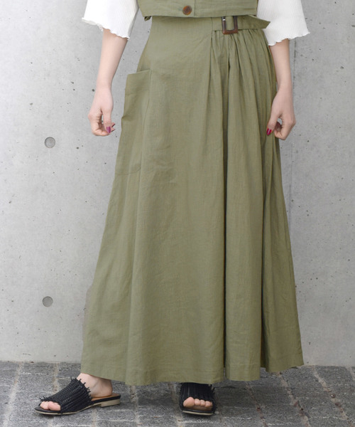 w closet（ダブルクローゼット）の「麻レーヨンベルトギャザースカート（スカート・レディース・カーキ/パープル系その他/ダークベージュ・FREE）」の2枚目の写真