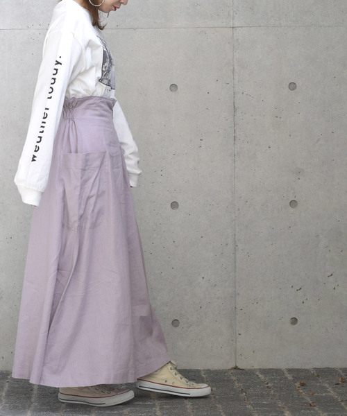 w closet（ダブルクローゼット）の「麻レーヨンベルトギャザースカート（スカート・レディース・カーキ/パープル系その他/ダークベージュ・FREE）」の6枚目の写真