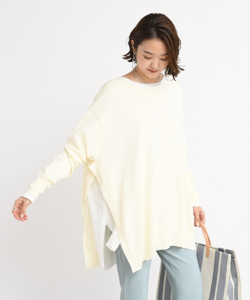 DouDou(ドゥドゥ)の「2WAYワイドチュニック(ニット/セーター・レディース・ベージュ/オフホワイト/グリーン・FREE)」の1枚目の写真