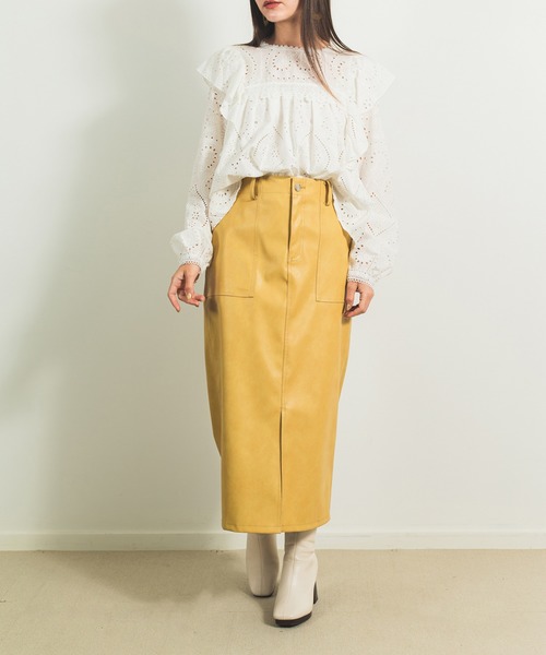 KOH.style（コースタイル）の「カラーヴィーガンレザータイトスカート（スカート・レディース・ブラック/カーキ/イエロー/ラベンダー・MEDIUM/LARGE）」の15枚目の写真