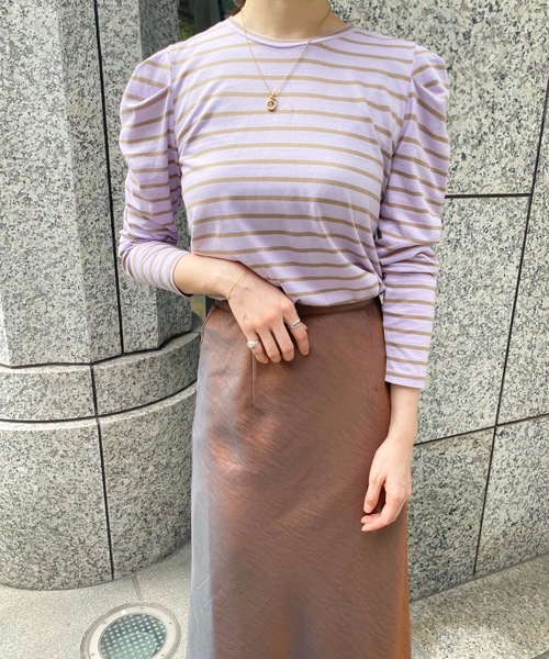 flowriri（フロウリリ）の「flowriri　パフスリーブボーダーカットソー（Tシャツ/カットソー・レディース・ベージュ/ブラック/ナチュラル/パープル・FREE）」の7枚目の写真