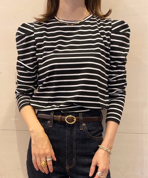 flowriri（フロウリリ）の「flowriri　パフスリーブボーダーカットソー（Tシャツ/カットソー・レディース・ベージュ/ブラック/ナチュラル/パープル・FREE）」の5枚目の写真