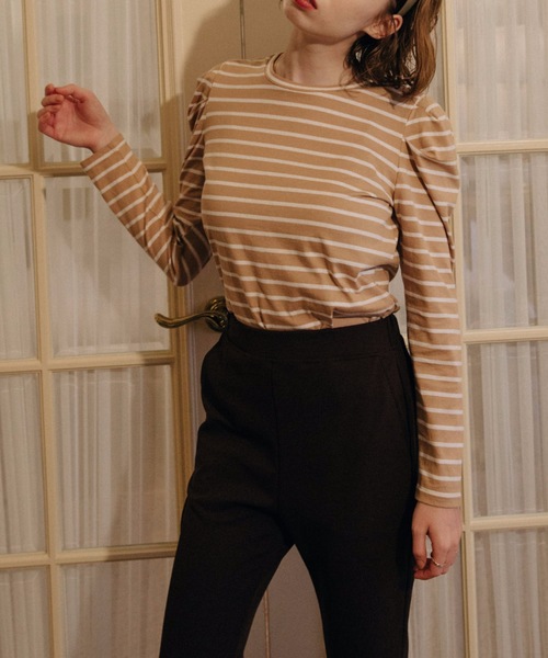 flowriri（フロウリリ）の「flowriri　パフスリーブボーダーカットソー（Tシャツ/カットソー・レディース・ベージュ/ブラック/ナチュラル/パープル・FREE）」の21枚目の写真