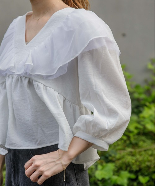 flower（フラワー）の「タイニーペタルトップ 2（シャツ/ブラウス・レディース・ホワイト/ブラウン・FREE）」の9枚目の写真