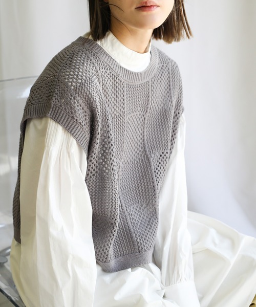 select MOCA(セレクトモカ)の「ランダム編みショートニットベスト(ベスト・レディース・ラベンダー/ライトグリーン/アイボリー・FREE)」の9枚目の写真