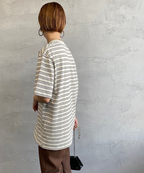 DANTON（ダントン）の「[DANTON/ダントン] クルーネック ボーダーポケットＴシャツ（Tシャツ/カットソー・レディース・クリーム/ホワイト×ネイビー/ホワイト×グレー/ブラウン/ブルー・42/44/36/40/34/38）」の18枚目の写真