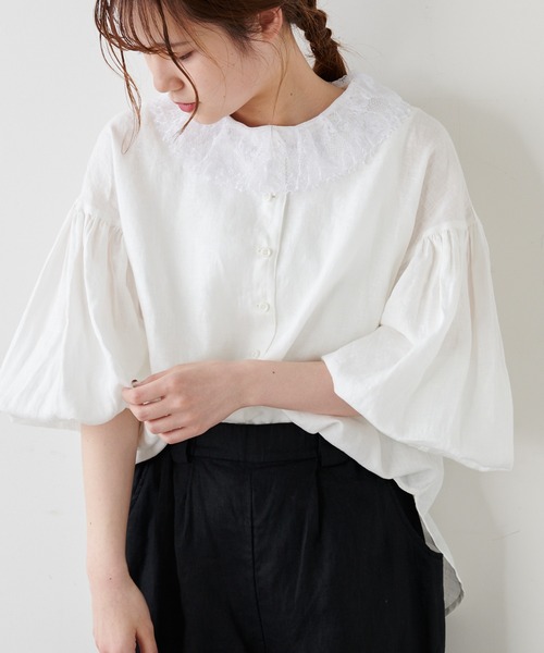 PUAL CE CIN(ピュアルセシン)の「麻/リネンキャンバスノーカラーブラウス(シャツ/ブラウス・レディース・オフホワイト/スミクロ/ベージュ/ブルー・FREE)」の6枚目の写真