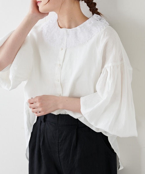 PUAL CE CIN(ピュアルセシン)の「麻/リネンキャンバスノーカラーブラウス(シャツ/ブラウス・レディース・オフホワイト/スミクロ/ベージュ/ブルー・FREE)」の7枚目の写真