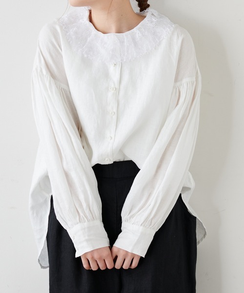 PUAL CE CIN(ピュアルセシン)の「麻/リネンキャンバスノーカラーブラウス(シャツ/ブラウス・レディース・オフホワイト/スミクロ/ベージュ/ブルー・FREE)」の5枚目の写真