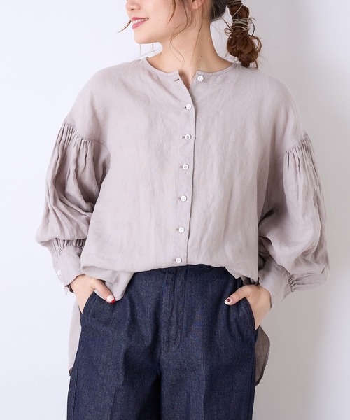 PUAL CE CIN(ピュアルセシン)の「麻/リネンキャンバスノーカラーブラウス(シャツ/ブラウス・レディース・オフホワイト/スミクロ/ベージュ/ブルー・FREE)」の12枚目の写真