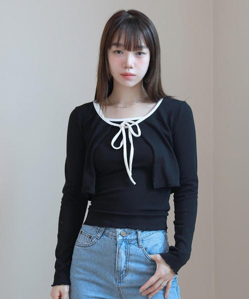 by muni:r(バイ ムニール)の「配色ストラップカーディガン+キャミソールセット(Tシャツ/カットソー・レディース・ブラウン/アイボリー/ブラック・FREE)」の1枚目の写真