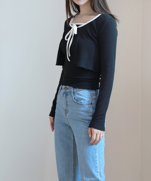 by muni:r(バイ ムニール)の「配色ストラップカーディガン+キャミソールセット(Tシャツ/カットソー・レディース・ブラウン/アイボリー/ブラック・FREE)」の12枚目の写真