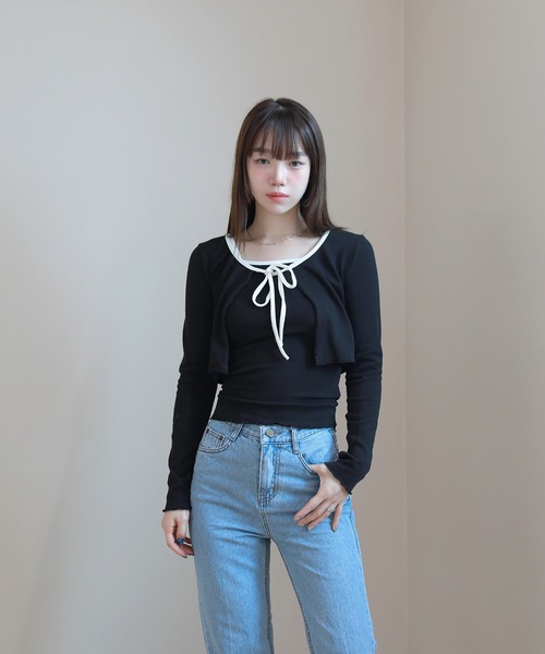 by muni:r(バイ ムニール)の「配色ストラップカーディガン+キャミソールセット(Tシャツ/カットソー・レディース・ブラウン/アイボリー/ブラック・FREE)」の11枚目の写真