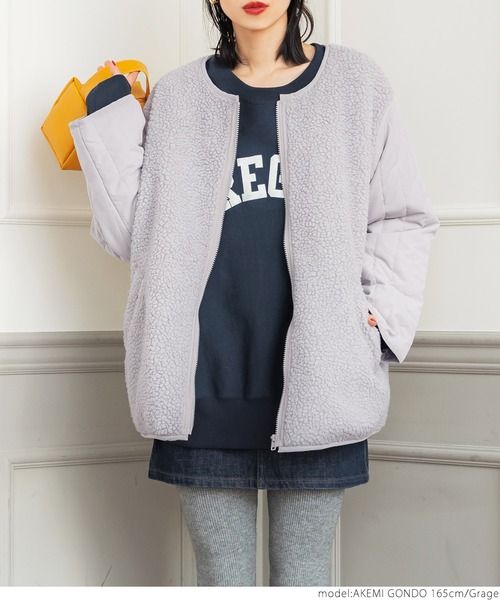 coca(coca)(コカ)の「ボア×キルトノーカラージャケット(ノーカラージャケット・レディース・グレー系その他/ブラック・ONE SIZE)」の4枚目の写真