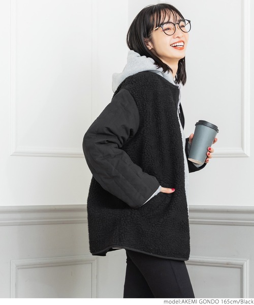 coca(coca)(コカ)の「ボア×キルトノーカラージャケット(ノーカラージャケット・レディース・グレー系その他/ブラック・ONE SIZE)」の11枚目の写真