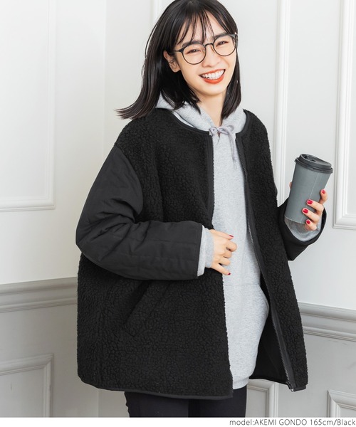 coca(coca)(コカ)の「ボア×キルトノーカラージャケット(ノーカラージャケット・レディース・グレー系その他/ブラック・ONE SIZE)」の16枚目の写真